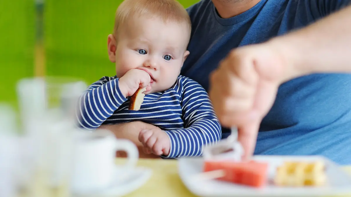 Portrait of little baby boy eating piece of bread