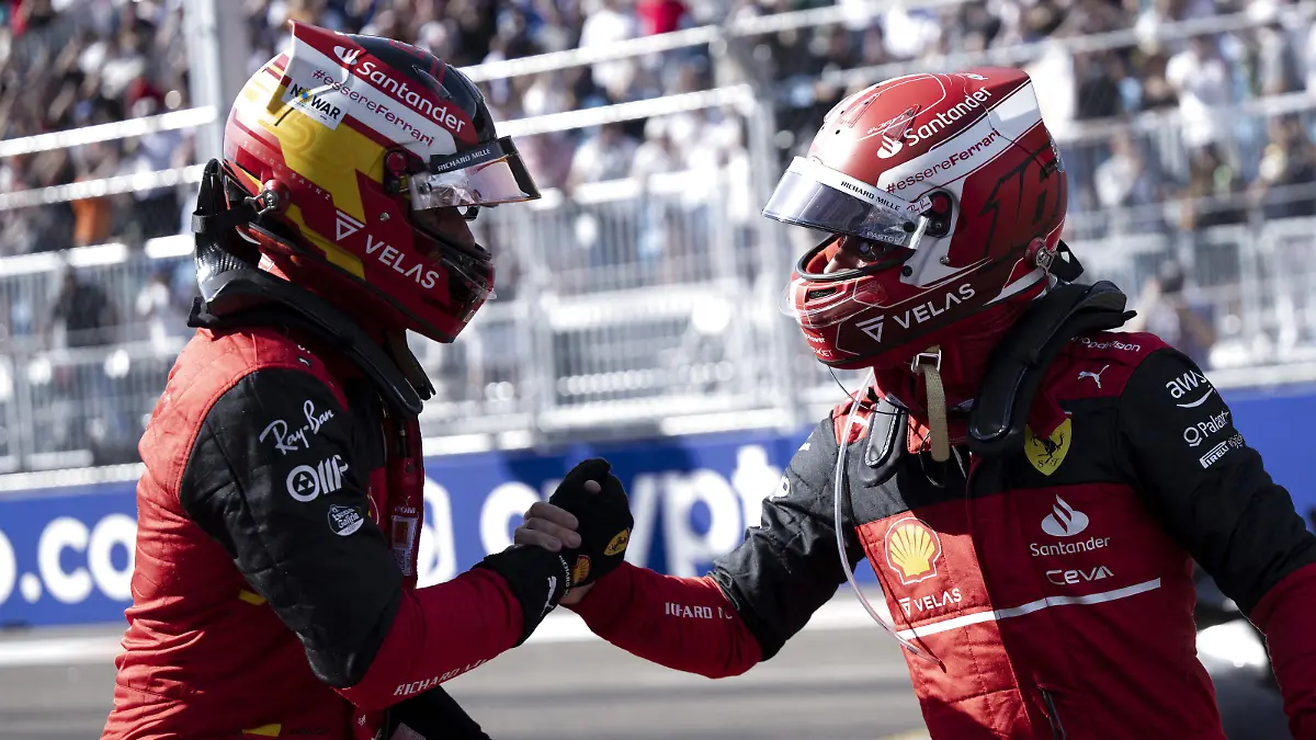 Formula One F1 - Miami Grand Prix - Miami International Autodrome, Miami, Florida, U.S. - May 7, 2022  Ferrari's Charles Leclerc celebrates after qualifying in pole position with second place Ferrari's Carlos Sainz Jr. Pool via REUTERS/Brendan Smialowski