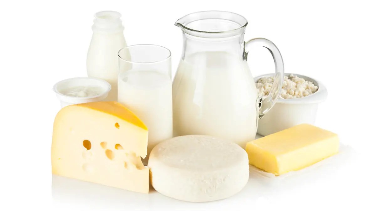 Image of dairy products shot on reflective white backdrop. Includes: milk, various types of cheese, butter, ricotta, milk cream and yogurt. A milk pitcher and a glass of milk are in the center while the rest of the products are around them. A soft shadow is visible in the foreground. The predominant color is white. DSRL studio shot with Canon EOS 5D Mk II