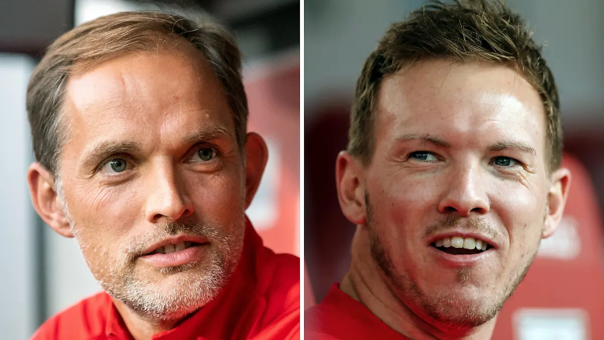 ARCHIV - 16.07.2019, Sachsen, Dresden: Die Bildkombo zeigt Thomas Tuchel (l, 16.07.2019 in Dresden), damals Trainer von Paris St. Germain, und Julian Nagelsmann ( 01.03.2020 in Leipzig), damals Trainer bei RB Leipzig. (zu dpa «Als Nagelsmann mit dem Camcorder für Tuchel spionierte») Foto: Robert Michael/Jan Woitas/dpa +++ dpa-Bildfunk +++