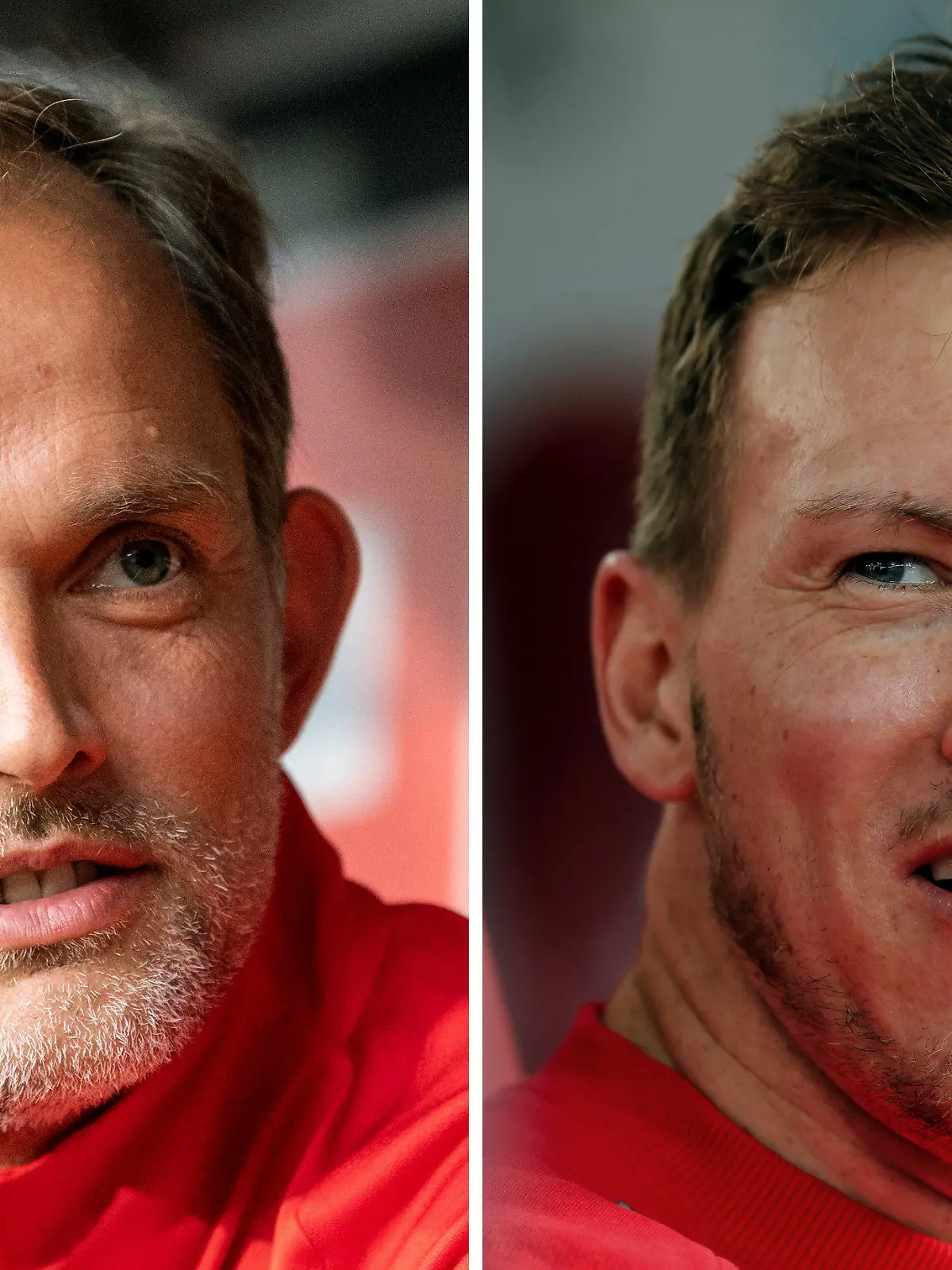 ARCHIV - 16.07.2019, Sachsen, Dresden: Die Bildkombo zeigt Thomas Tuchel (l, 16.07.2019 in Dresden), damals Trainer von Paris St. Germain, und Julian Nagelsmann ( 01.03.2020 in Leipzig), damals Trainer bei RB Leipzig. (zu dpa «Als Nagelsmann mit dem Camcorder für Tuchel spionierte») Foto: Robert Michael/Jan Woitas/dpa +++ dpa-Bildfunk +++