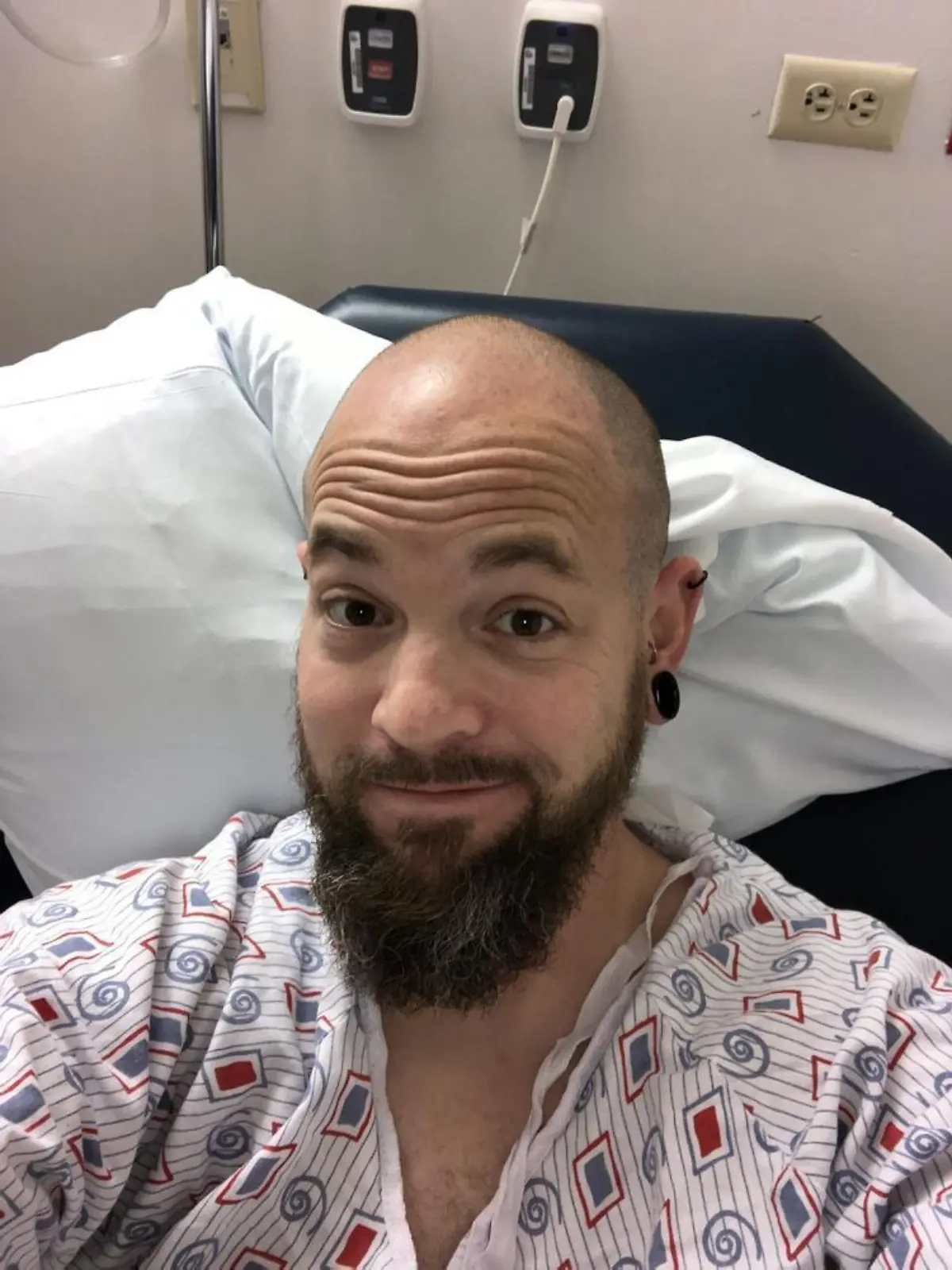 PIC FROM Kennedy News and Media (PICTURED: JOEY LYKINS, 35, FROM CINCINATTI, OHIO, WHO DISCOVERED THAT THE NOSE RING HE LOST FIVE YEARS AGO WAS LODGED IN HIS LEFT LUNG IN HOSPITAL THE DAY HE HAD IT REMOVED) A piercings fanatic who woke up to find his nose ring had vanished in the night was horrified to discover it had been lodged in his LUNG for the last five years. Joey Lykins rushed to hospital at 2.30am last Tuesday [Aug 30th] through fear he had pneumonia after coughing so violently he ended up with back ache. Doctors carried out an x-ray and were stunned to spot the piece of jewellery that the 35-year-old thought had fallen out of his nose while he was sleeping in the upper lobe of his left lung.DISCLAIMER: While Kennedy News and Media uses its best endeavours to establish the copyright and authenticity of all pictures supplied, it accepts no liability for any damage, loss or legal action caused by the use of images supplied and the publication of images is solely at your discretion. SEE KENNEDY NEWS COPY - 0161 697 4266