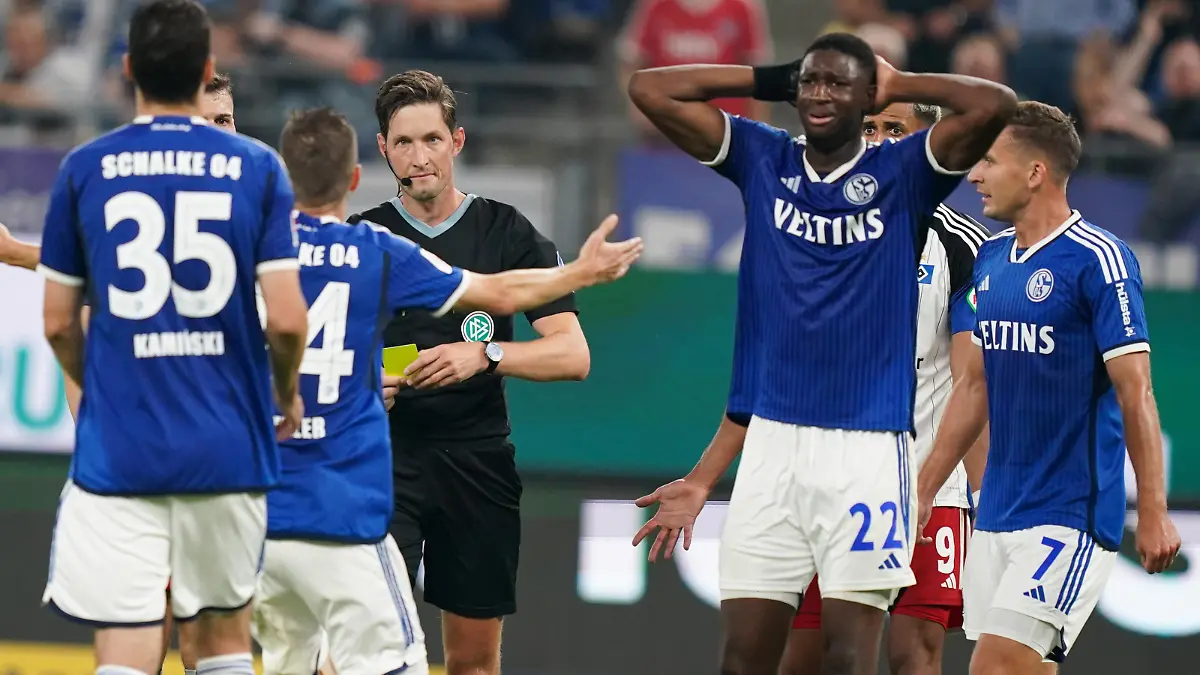 Fußball: 2. Bundesliga, Hamburger SV - FC Schalke 04, 1. Spieltag, im Volksparkstadion. Schalkes Ibrahima Cisse (2.vr) verlässt nach einer Gelb-Roten Karte von Schiedsrichter Matthias Jöllenbeck den Platz. WICHTIGER HINWEIS: Gemäß den Vorgaben der DFL Deutsche Fußball Liga bzw. des DFB Deutscher Fußball-Bund ist es untersagt, in dem Stadion und/oder vom Spiel angefertigte Fotoaufnahmen in Form von Sequenzbildern und/oder videoähnlichen Fotostrecken zu verwerten bzw. verwerten zu lassen.