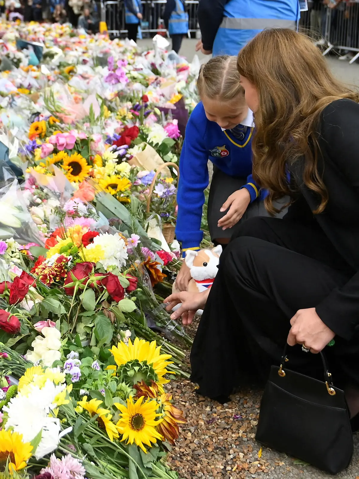 Queen Elizabeth II death. The Princess of Wales views floral tributes left by members of the public at the gates of Sandringham House in Norfolk, following the death of Queen Elizabeth II. Picture date: Thursday September 15, 2022. See PA story DEATH Queen. Photo credit should read: Toby Mellville/PA Wire URN:68835041