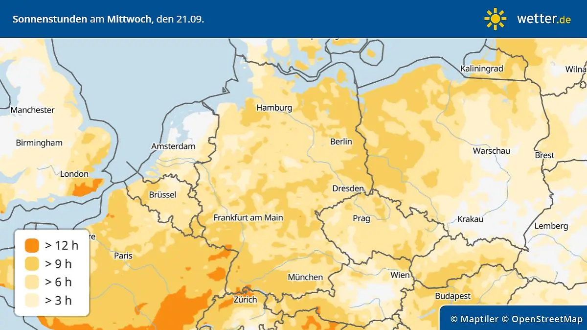 Prognose und Vorhersage: Sonnenstunden am Mittwoch, 21. September 2022