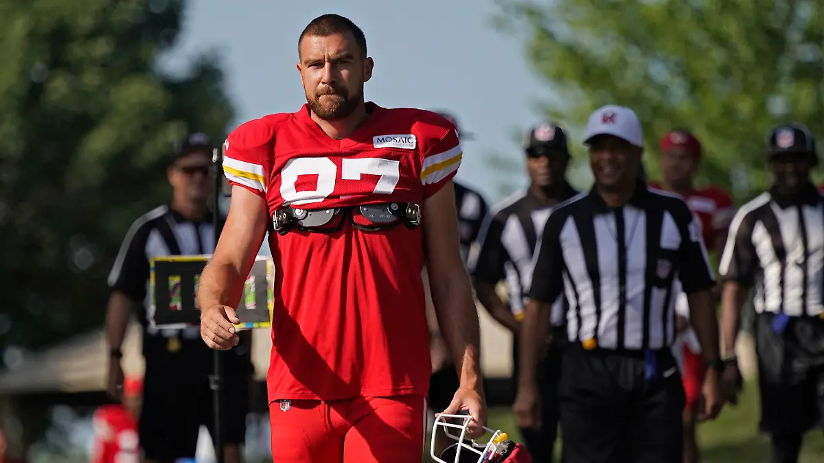 Kansas City Chiefs tight end Travis Kelce arrives at NFL football training camp Friday, July 28, 2023, in St. Joseph, Mo. (AP Photo/Charlie Riedel)