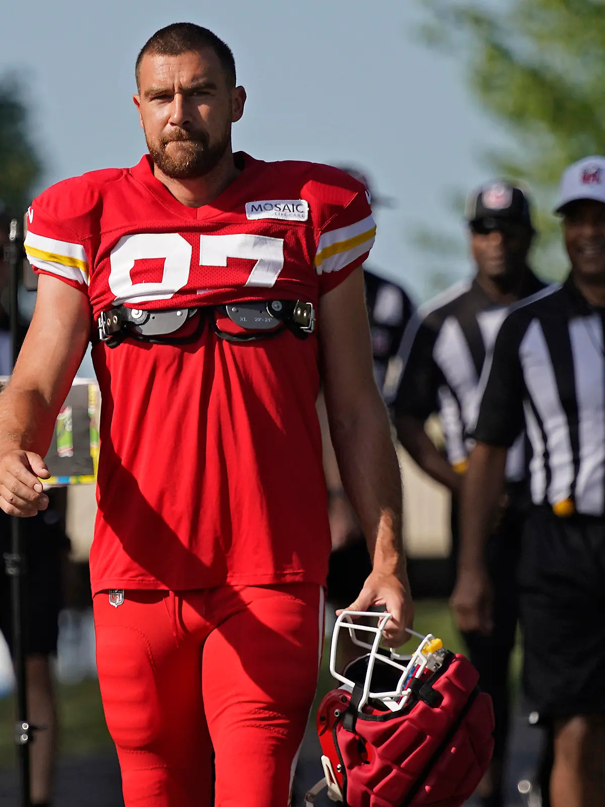 Kansas City Chiefs tight end Travis Kelce arrives at NFL football training camp Friday, July 28, 2023, in St. Joseph, Mo. (AP Photo/Charlie Riedel)