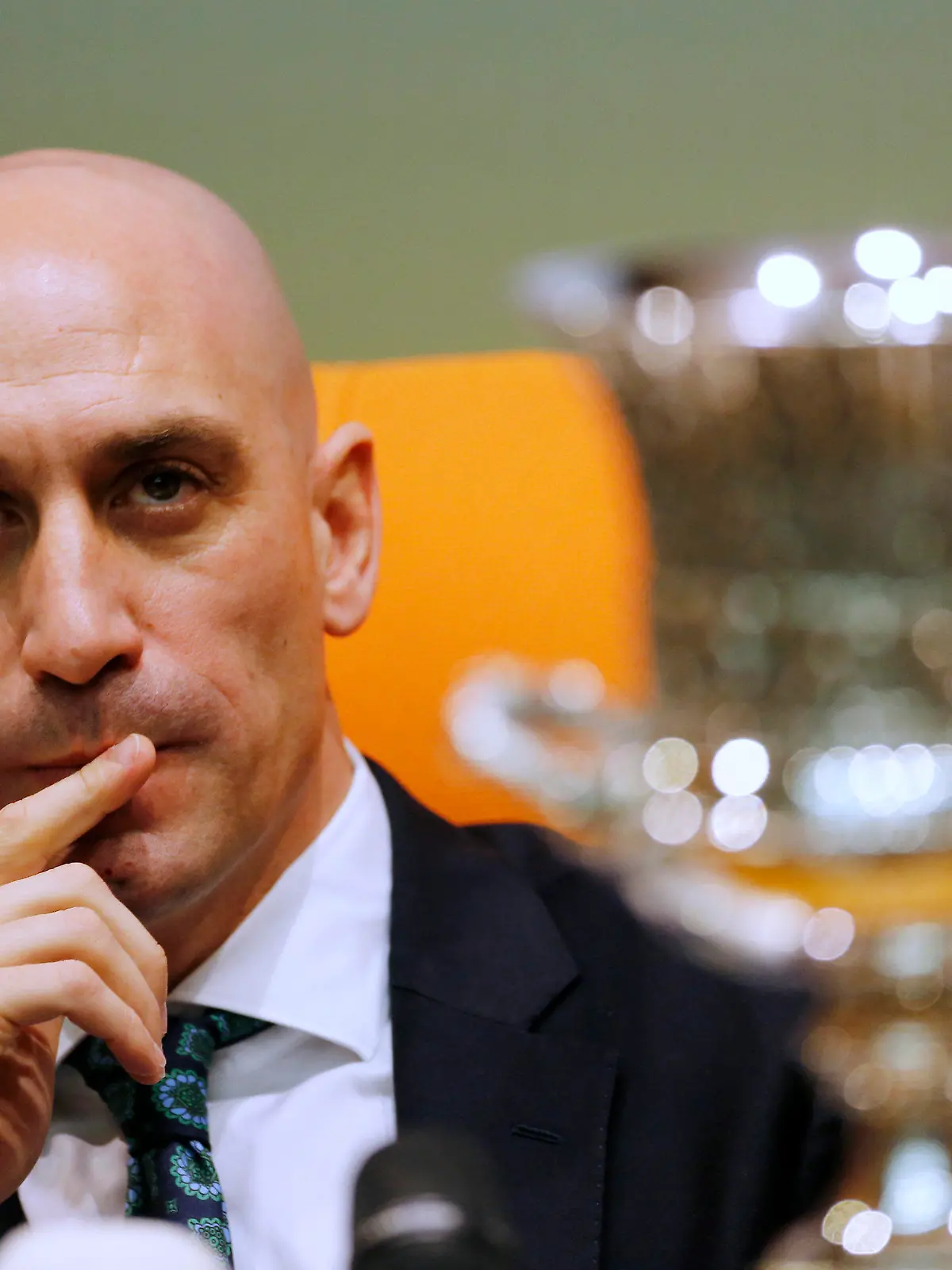 FILE - President of the Spanish Soccer Federation, Luis Rubiales, listens to a reporter as he sets near the Spanish Super Cup, during a press conference with Saudi General Sport Authority chairman Prince Abdulaziz bin Turki Al-Faisal in Jiddah Saudi Arabia, Wednesday, Dec. 18, 2019. The Spanish soccer federation, run by Luis Rubiales, has issued a statement Thursday, Sept. 15, 2022, “firmly denying” accusations by a former employee that federation funds went to pay for a party with “young ladies” in attendance and to hire a detective to investigate the head of Spain's players' union. (AP Photo/Amr Nabil, File)