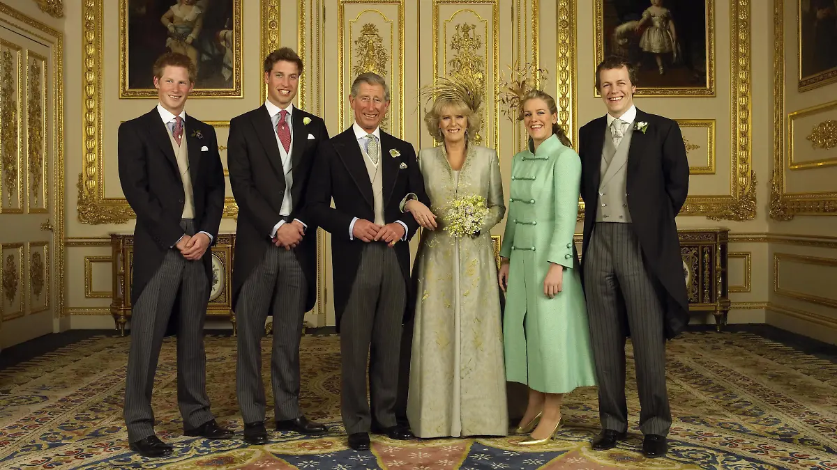 The Prince of Wales and his new bride Camilla, Duchess of Cornwall, with their children (L-R) Prince Harry, Prince William, Laura and Tom Parker Bowles, in the White Drawing Room at Windsor Castle Saturday April 9 2005, after their wedding ceremony. Officail Photograph courtesy of Clarence House. Date: 09.04.2005.