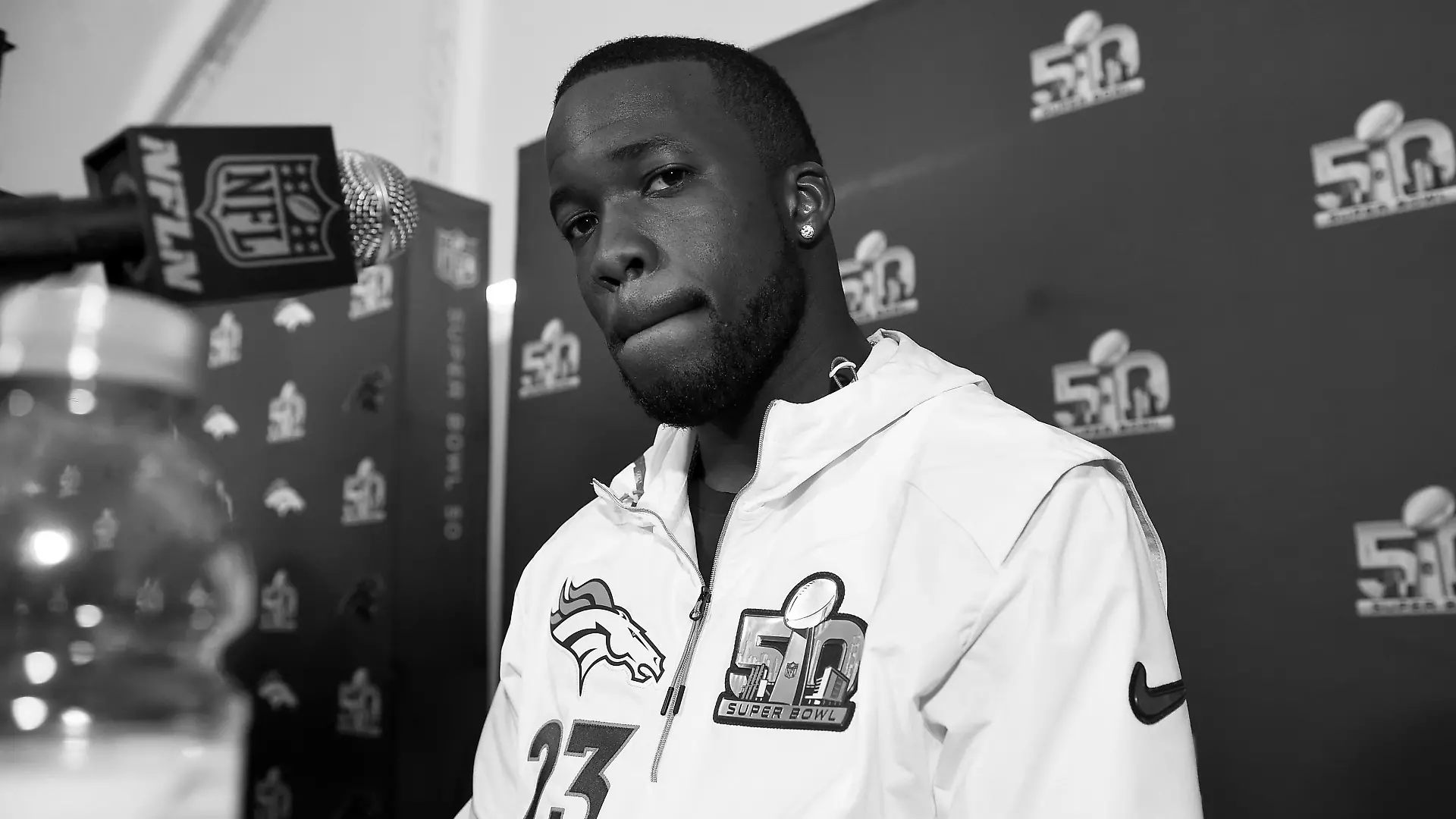 Tuesday, February 2, 2016: Denver Broncos running back Ronnie Hillman (23) talks to the media at the team's hotel in Santa Clara, California, during a press conference for the National Football League Super Bowl 50 between the Denver Broncos and the Carolina Panthers. Eric Canha/CSM