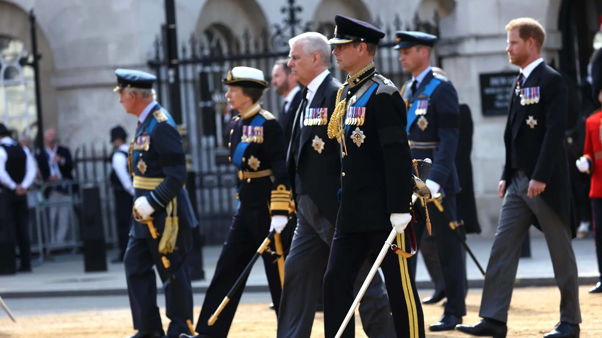 King Charles III, , Princess Anne The Princess Royal, Prince Andrew Duke of York, Prince Edward The Earl of Wessex, Prince William The Prince of Wales, Prince Harry The Duke of Sussex, walk behind he coffin carrying Queen Elizabeth II pictured September 14, 2022, travels from Buckingham Palace to Westminster Hall, where it will lie in state for four days. The country is still officially mourning Queen Elizabeth II, who has been succeeded by King Charles III. Queen Elizabeth II died on September 8, 2022, whilst staying at Balmoral Castle in Scotland. PUBLICATIONxNOTxINxUK