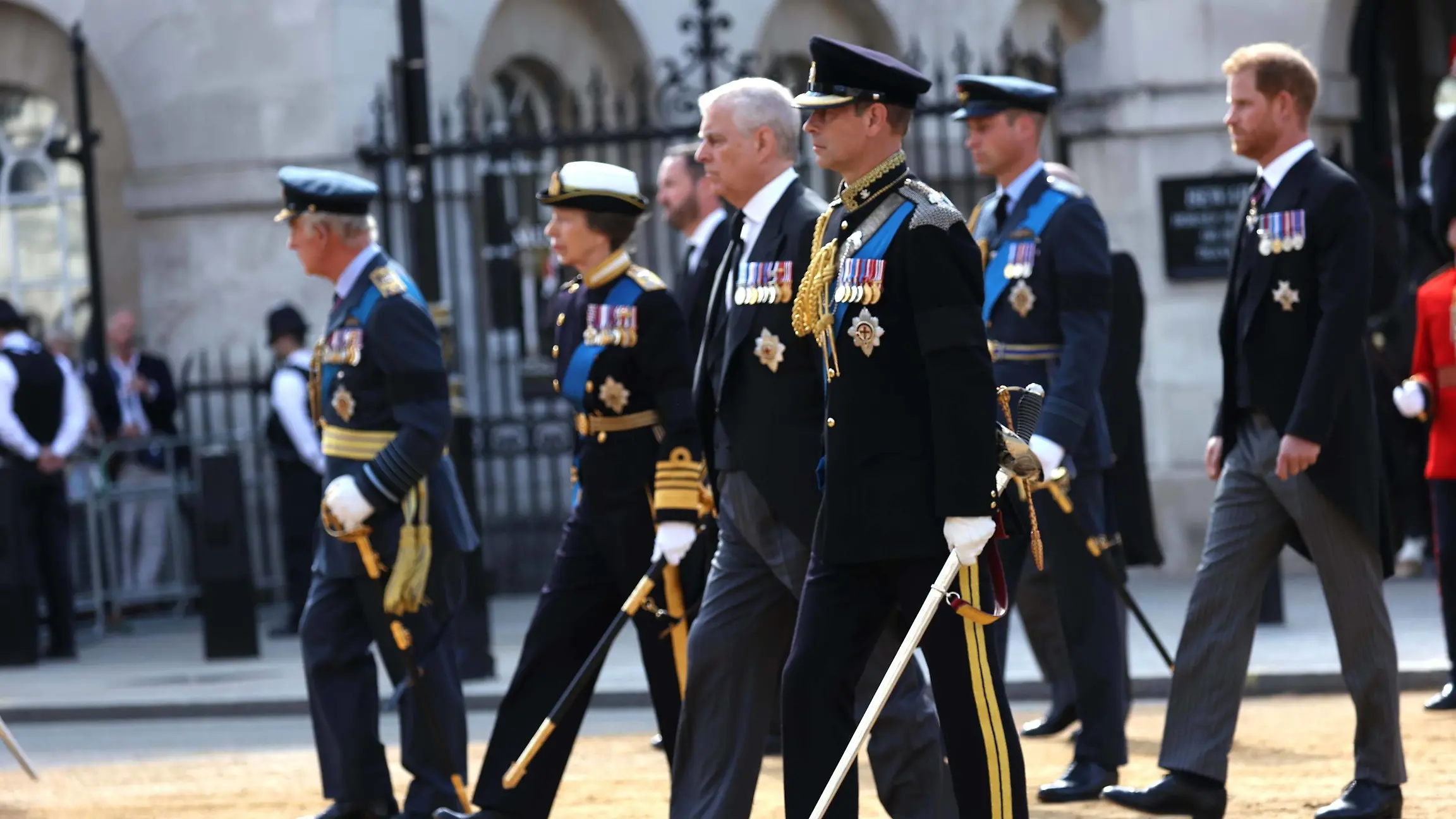 King Charles III, , Princess Anne The Princess Royal, Prince Andrew Duke of York, Prince Edward The Earl of Wessex, Prince William The Prince of Wales, Prince Harry The Duke of Sussex, walk behind he coffin carrying Queen Elizabeth II pictured September 14, 2022, travels from Buckingham Palace to Westminster Hall, where it will lie in state for four days. The country is still officially mourning Queen Elizabeth II, who has been succeeded by King Charles III. Queen Elizabeth II died on September 8, 2022, whilst staying at Balmoral Castle in Scotland. PUBLICATIONxNOTxINxUK