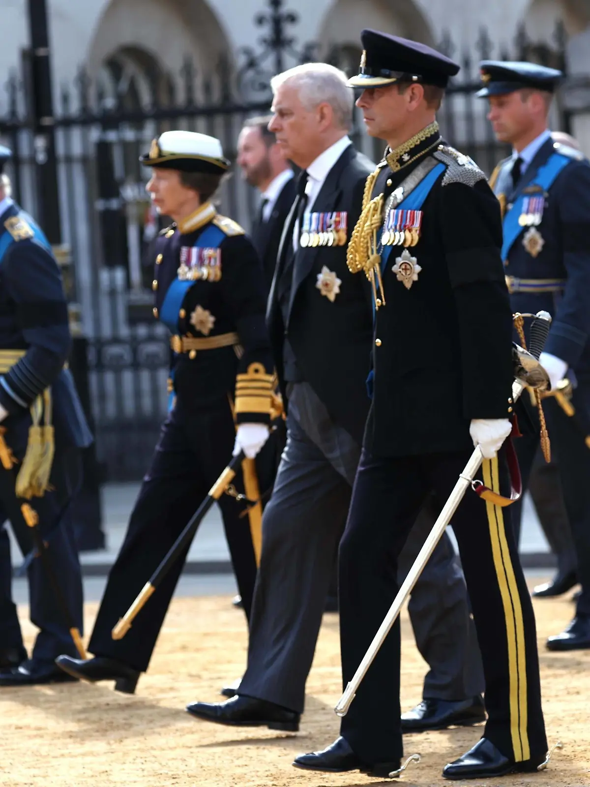 King Charles III, , Princess Anne The Princess Royal, Prince Andrew Duke of York, Prince Edward The Earl of Wessex, Prince William The Prince of Wales, Prince Harry The Duke of Sussex, walk behind he coffin carrying Queen Elizabeth II pictured September 14, 2022, travels from Buckingham Palace to Westminster Hall, where it will lie in state for four days. The country is still officially mourning Queen Elizabeth II, who has been succeeded by King Charles III. Queen Elizabeth II died on September 8, 2022, whilst staying at Balmoral Castle in Scotland. PUBLICATIONxNOTxINxUK 