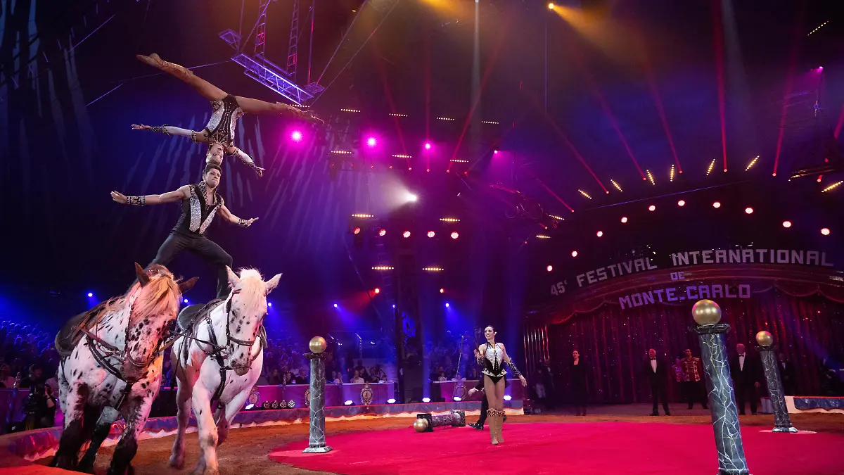 MONACO, MONACO - JANUARY 22: (NO TABLOIDS, NO VOICI, NO CLOSER) Quincy Azzario, Merrylu and Rene Casselly junior perform during the 45th International Circus Festival : Day Three on January 22, 2023 in Monaco, Monaco. (Photo by David Niviere/Pool/Getty Images