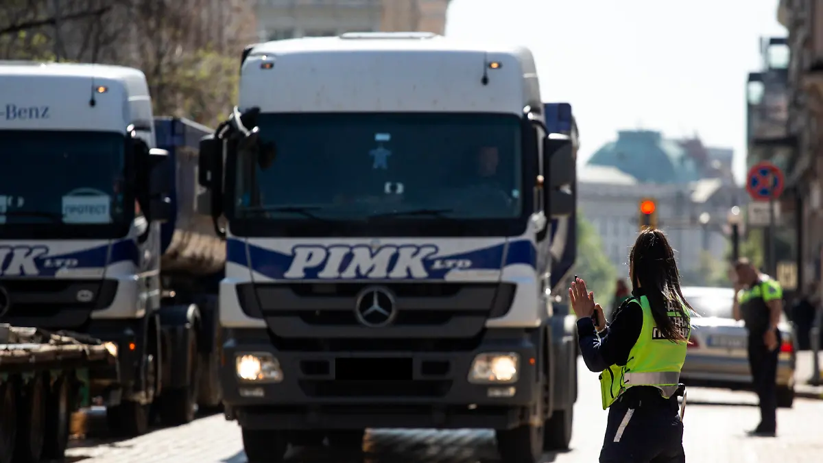 Buses and cargo vehicles parked in front of the Council of Ministers of the Republic of Bulgaria on 27 April 2022 in center of Sofia, Bulgaria. Protest is against the high fuel prices, the tolling system and the lack of state policy in the sector. (Photo by Hristo Vladev/NurPhoto)