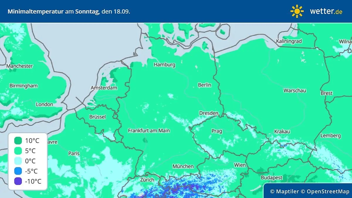 Prognose und Vorhersage der Tiefstwerte in der Nacht zum Sonntag, 18. September 2022