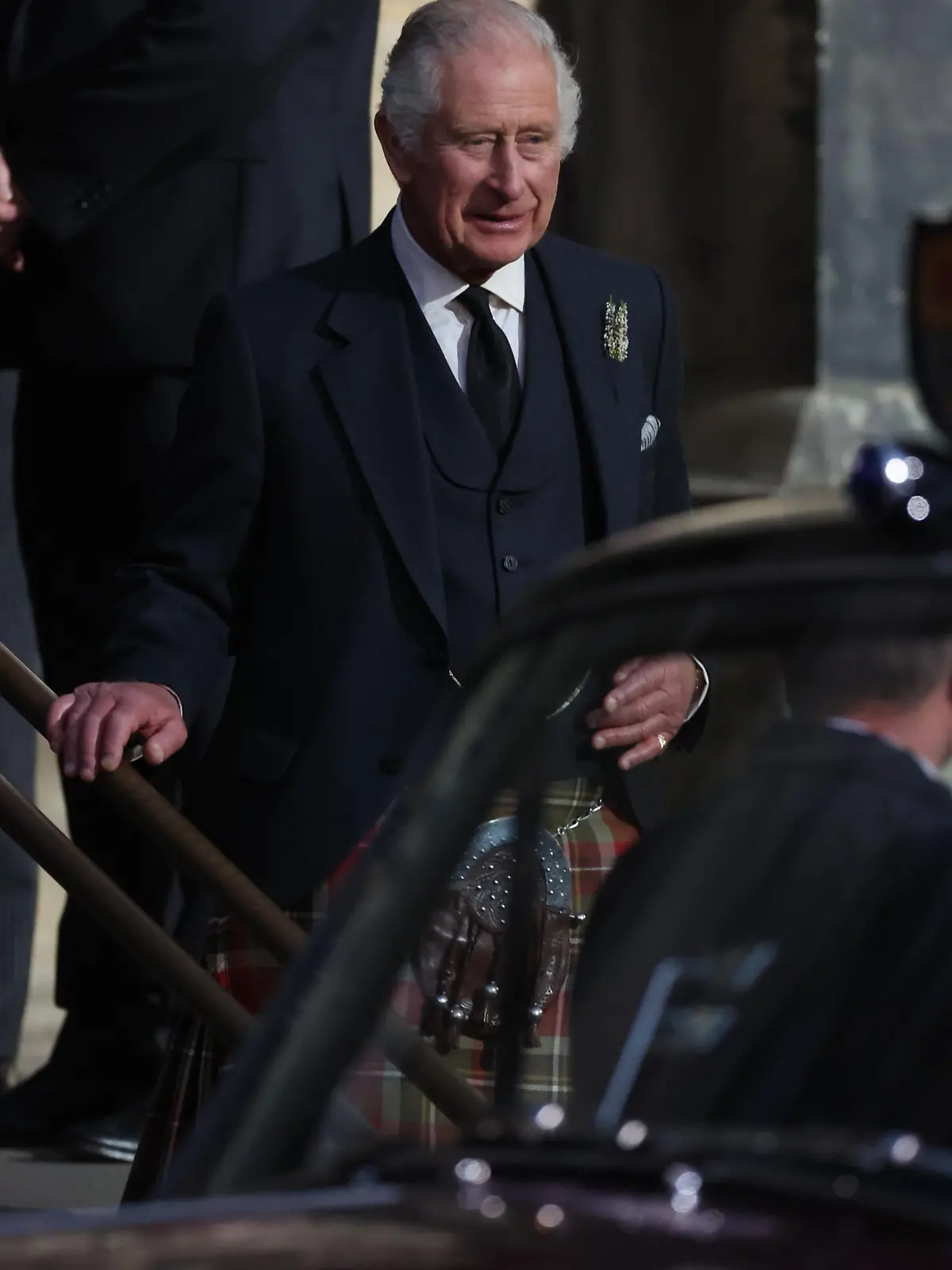 Image Licensed to i-Images Picture Agency. 12/09/2022. Edinburgh, United Kingdom. King Charles III leaving a vigil at St.Giles Cathedral in Edinburgh , Scotland , as the coffin of Queen Elizabeth II lies at rest., Credit:Stephen Lock / i-Images / Avalon