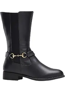 Schwarzer Kunstleder-Stiefel mit goldenem Ketten-Detail