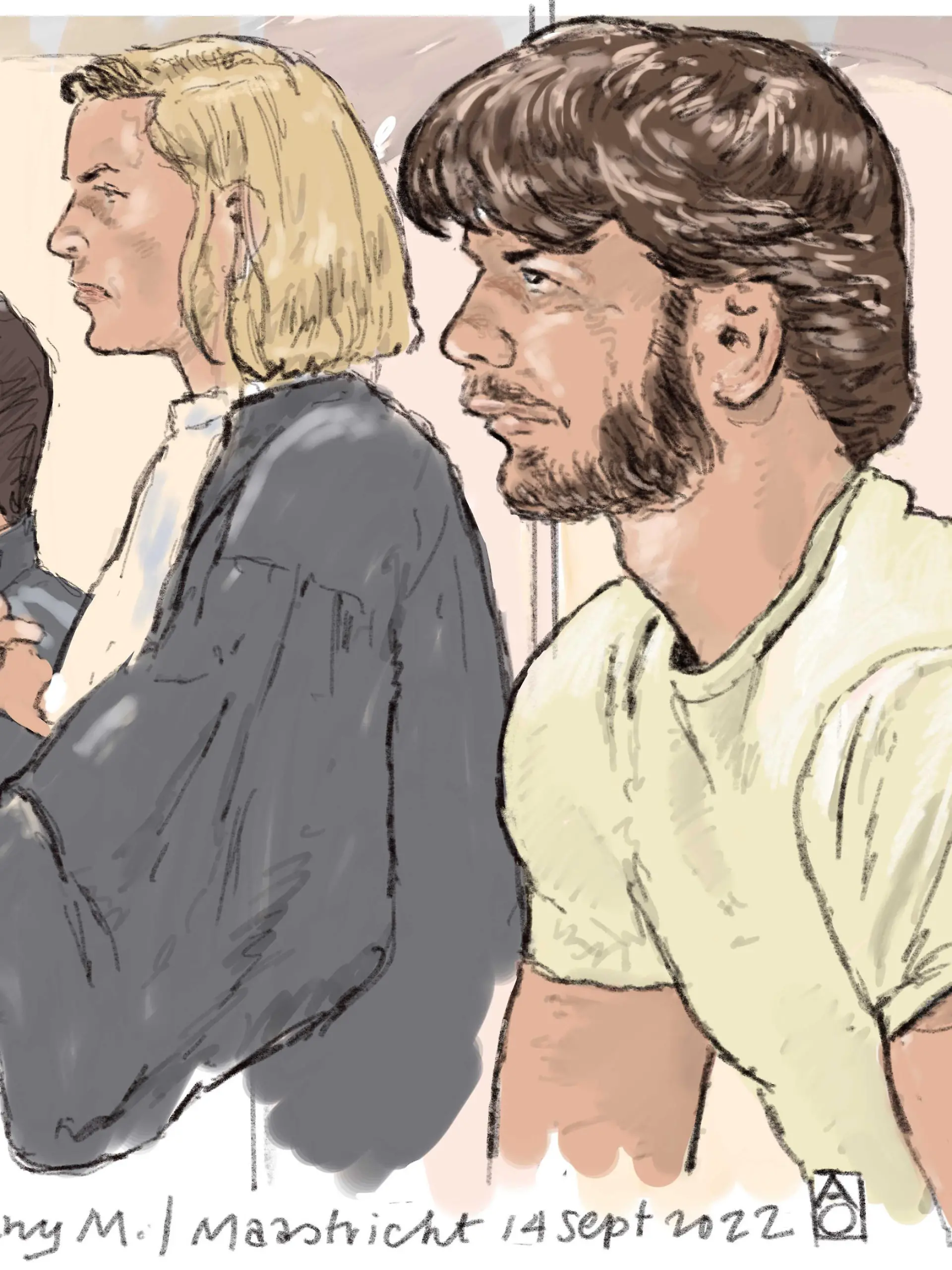 2022-09-14 10:00:00 MAASTRICHT - Gerichtszeichnung von Donny M., dem Mann, der verdächtigt wird, den 9-jährigen Gino in Limburg entführt und ermordet zu haben, mit seinen Anwälten. Gino verschwand am Mittwoch, dem 1. Juni, als er draußen spielte. Am 4. Juni nahm die Polizei den 22-jährigen M. in seiner Wohnung in Geleen fest. Nicht viel später wies er darauf hin, wo Ginos Leiche war. ANP ALOYS OOSTERWIJK