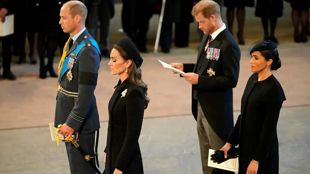 Prince William, Prince of Wales, Catherine, Princess of Wales, Prince Harry, Duke of Sussex and Meghan, Duchess of Sussex seen inside the Palace of Westminster during the Lying-in State of Queen Elizabeth II on September 14, 2022 in London, Britain. Christopher Furlong/Pool via REUTERS
