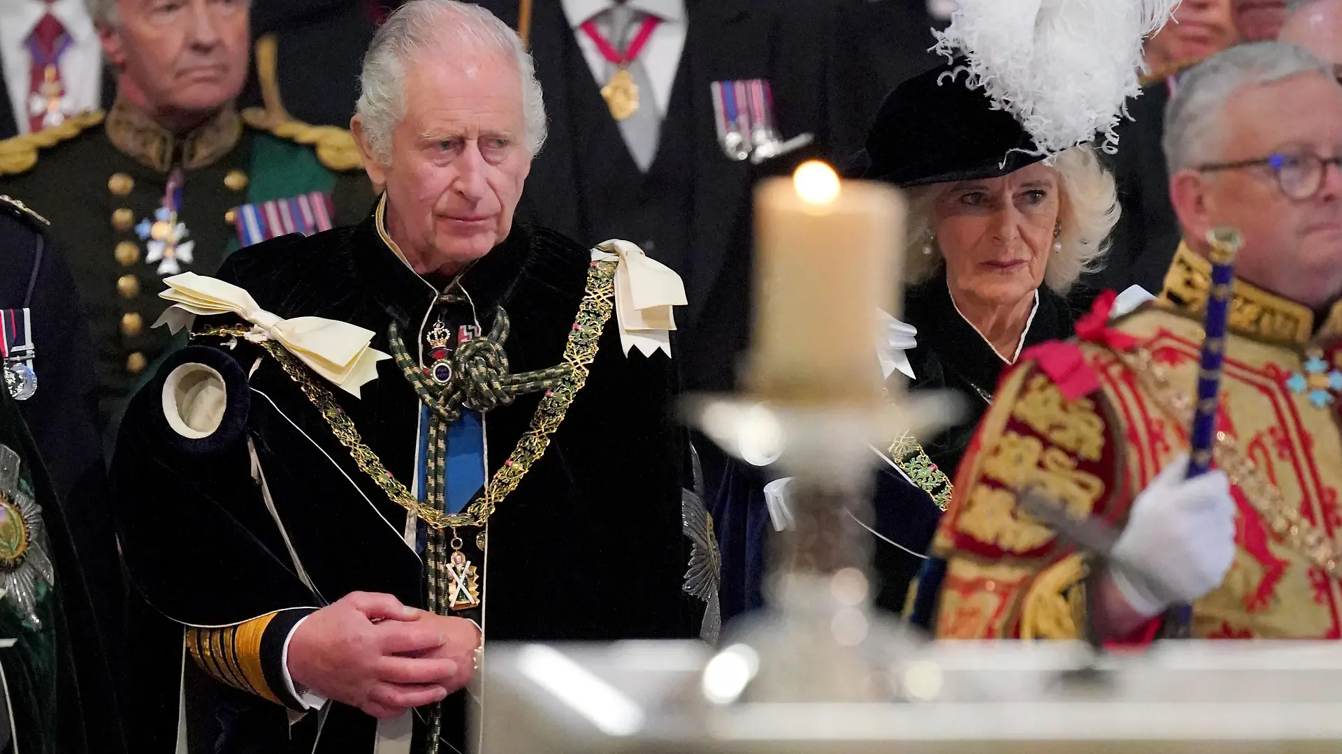 Britain's King Charles III and Queen Camilla arrive for the National Service of Thanksgiving and Dedication, and the presentation of the Honours of Scotland, at St Giles' Cathedral, Edinburgh. Picture date: Wednesday July 5, 2023.  Jonathan Brady/Pool via REUTERS