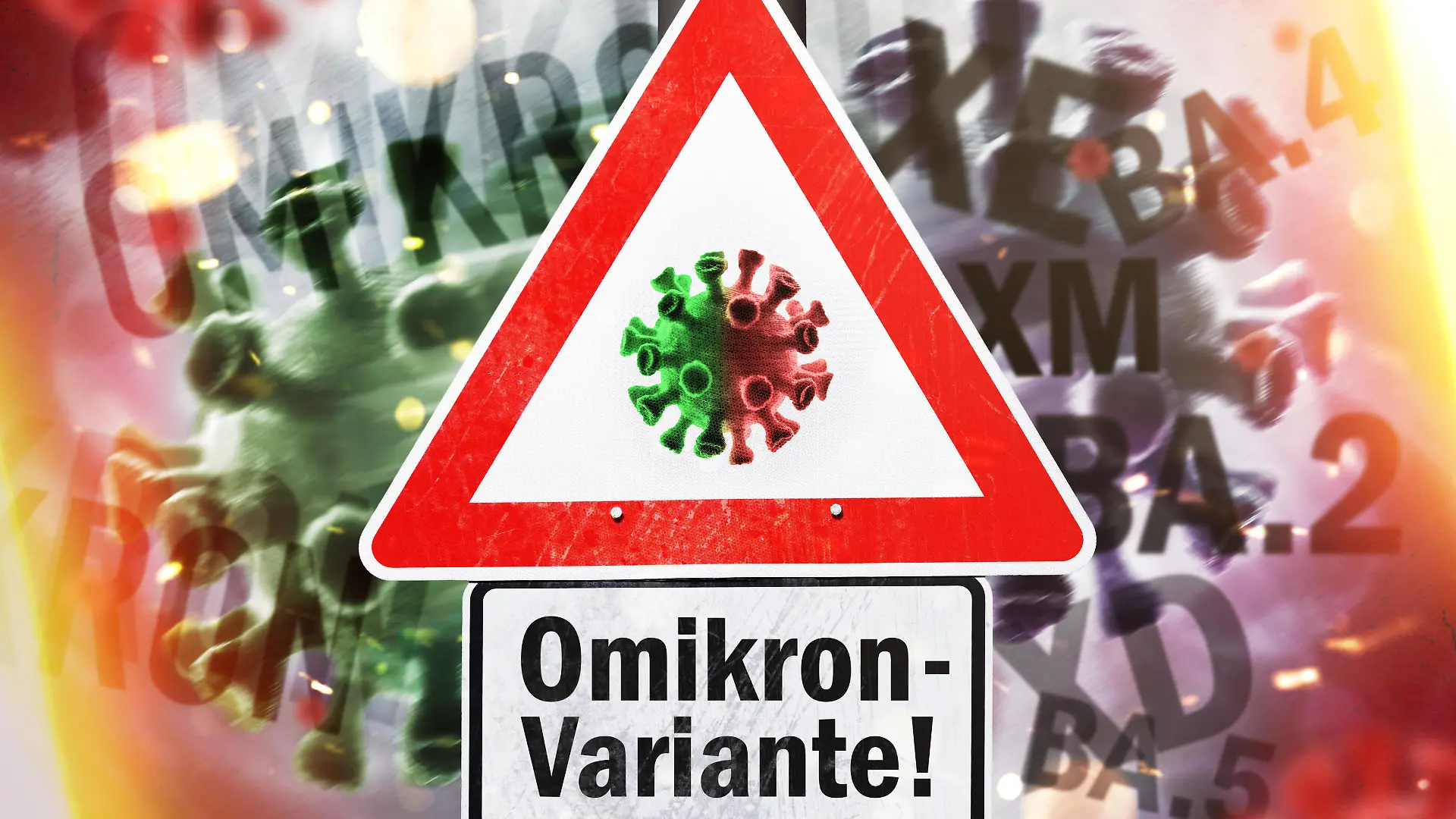 FOTOMONTAGE, Gefahrenschild mit Coronavirus-Symbol und Aufschrift Omikron-Variante *** PHOTOMONTAGE, danger sign with coronavirus symbol and inscription Omikron variant.