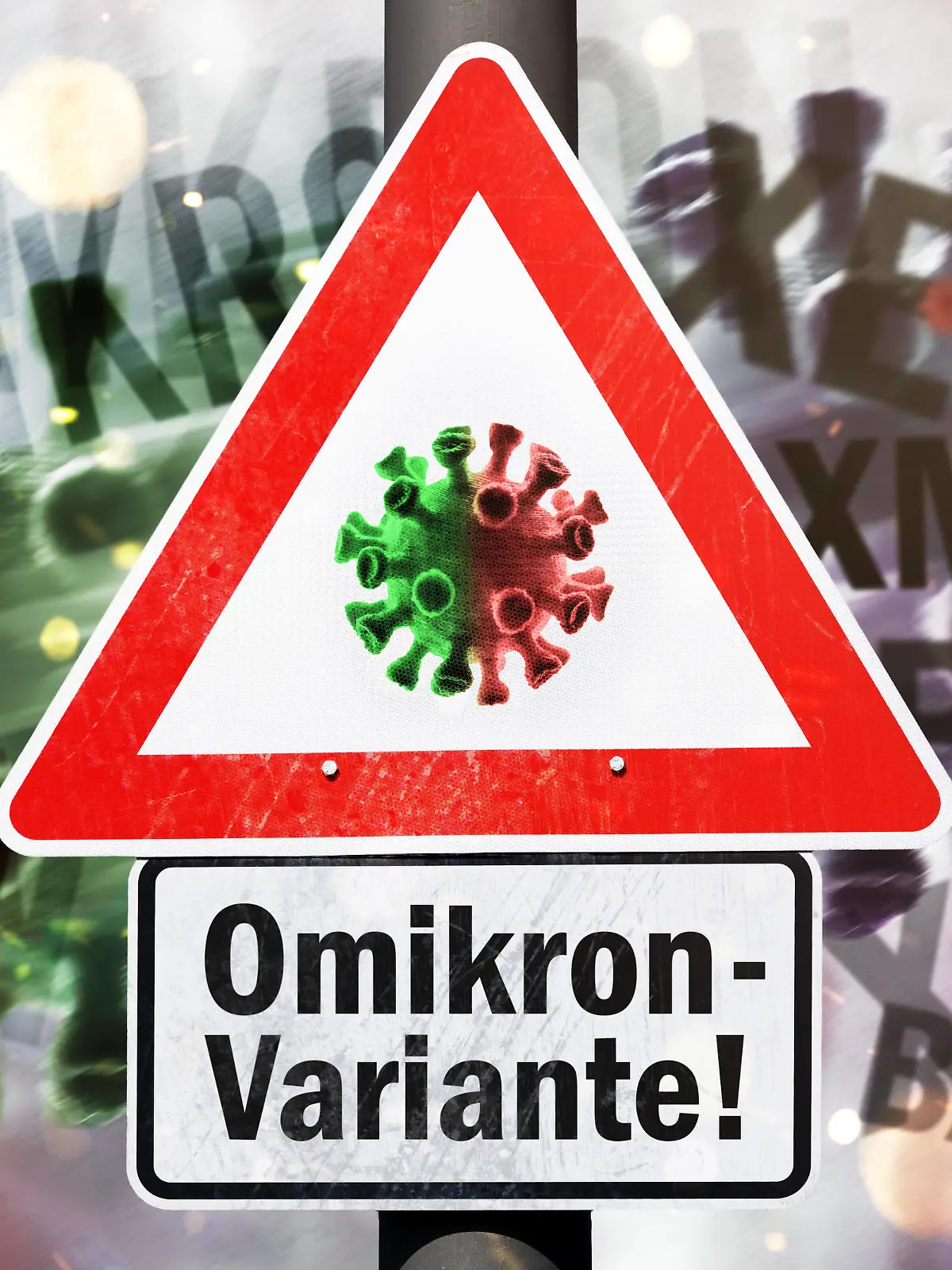  FOTOMONTAGE, Gefahrenschild mit Coronavirus-Symbol und Aufschrift Omikron-Variante *** PHOTOMONTAGE, danger sign with coronavirus symbol and inscription Omikron variant.