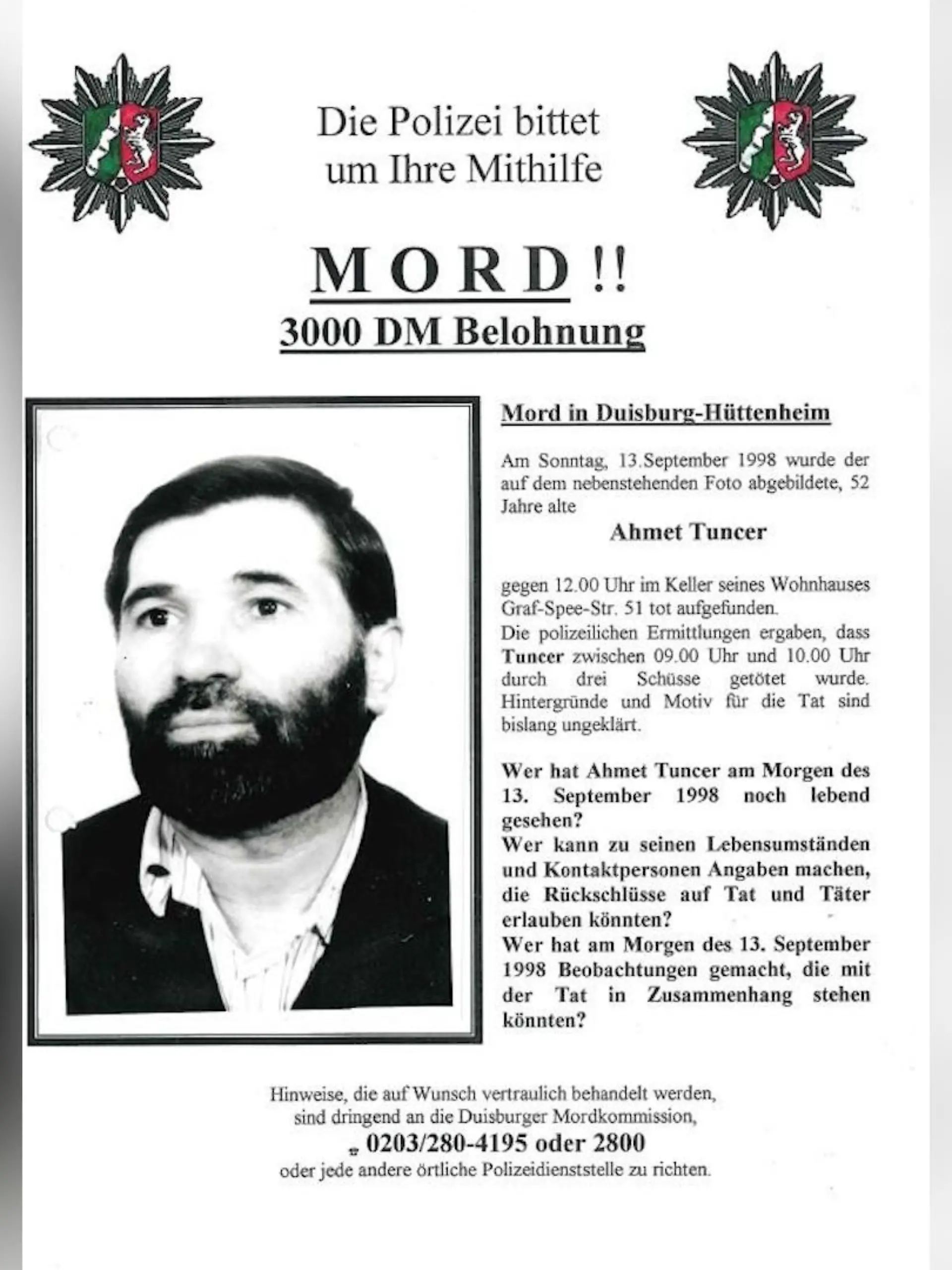 Mit diesem Fahndungsplakat bat die Polizei 1998 um Hinweise rund um den Mord an Ahmet Tuncer.