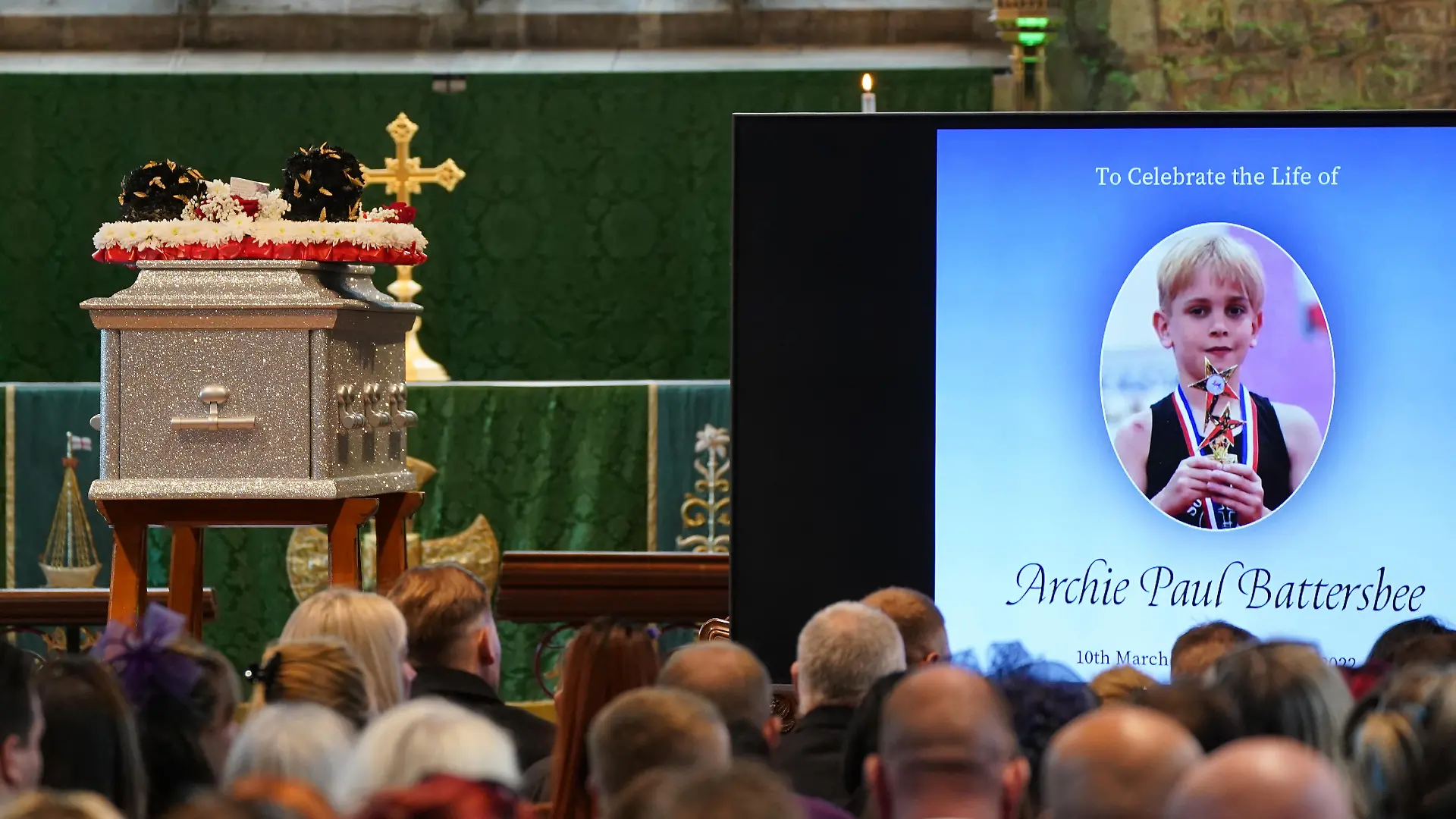 Archie Battersbee funeral. The coffin during the funeral of 12-year-old Archie Battersbee at St Mary's Church, Prittlewell, Southend-on-Sea, Essex. The young boy, who was at the centre of a life-support treatment fight during the summer, died on August 6. Picture date: Tuesday September 13, 2022. See PA story FUNERAL Archie. Photo credit should read: Joe Giddens/PA Wire URN:68796050