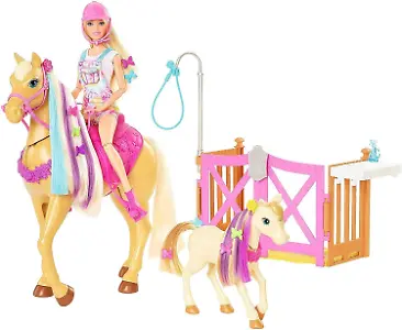 Barbie Reiterin Puppe, inkl. Pferd und Fohlen mit Farbwechsel Mähne + Zubehör