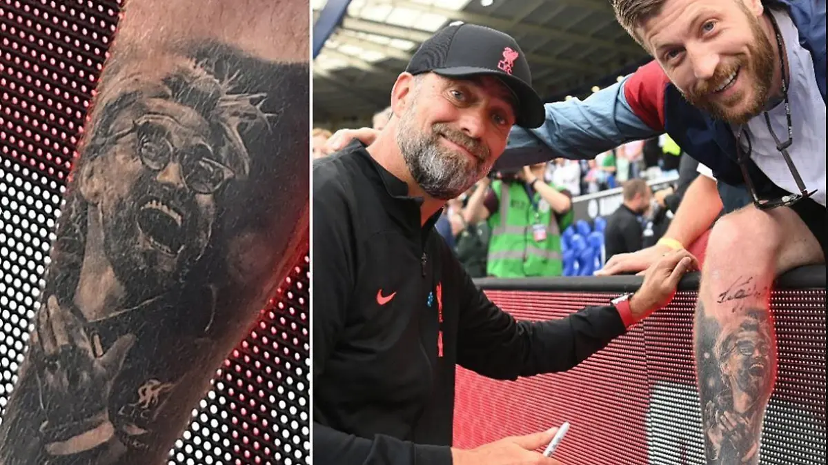 Jurgen Klopp casually signing a leg tattoo of his own face