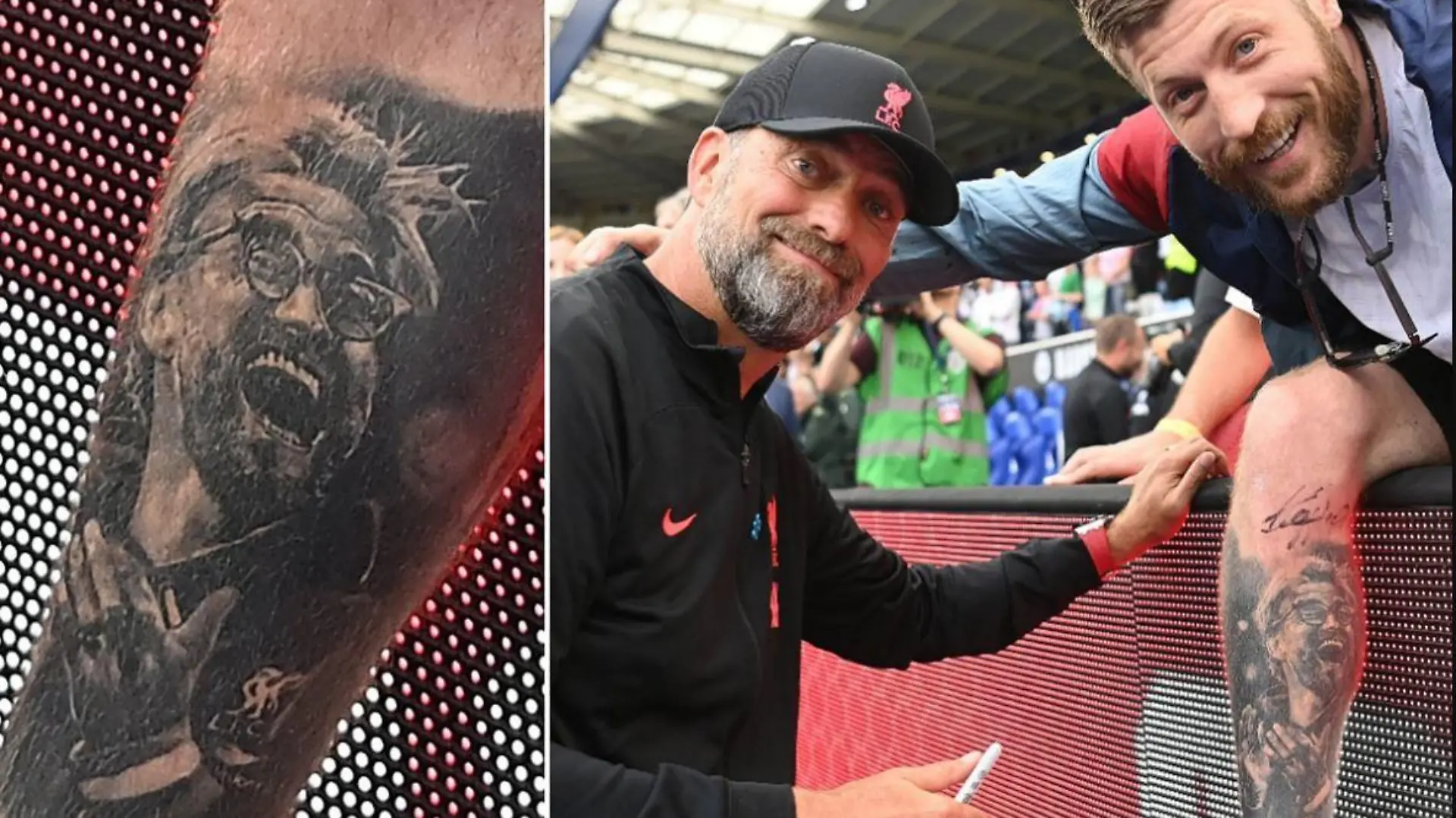 Jurgen Klopp casually signing a leg tattoo of his own face