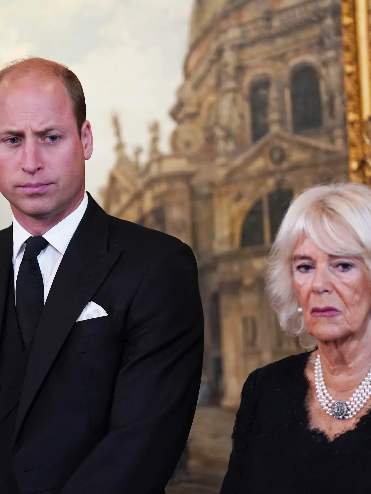 Britain's Prince William and Camilla, the Queen Consort, during the Accession Council ceremony at St James's Palace, London, Saturday, Sept. 10, 2022, where King Charles III is formally proclaimed monarch. (Kirsty O'Connor/Pool Photo via AP)