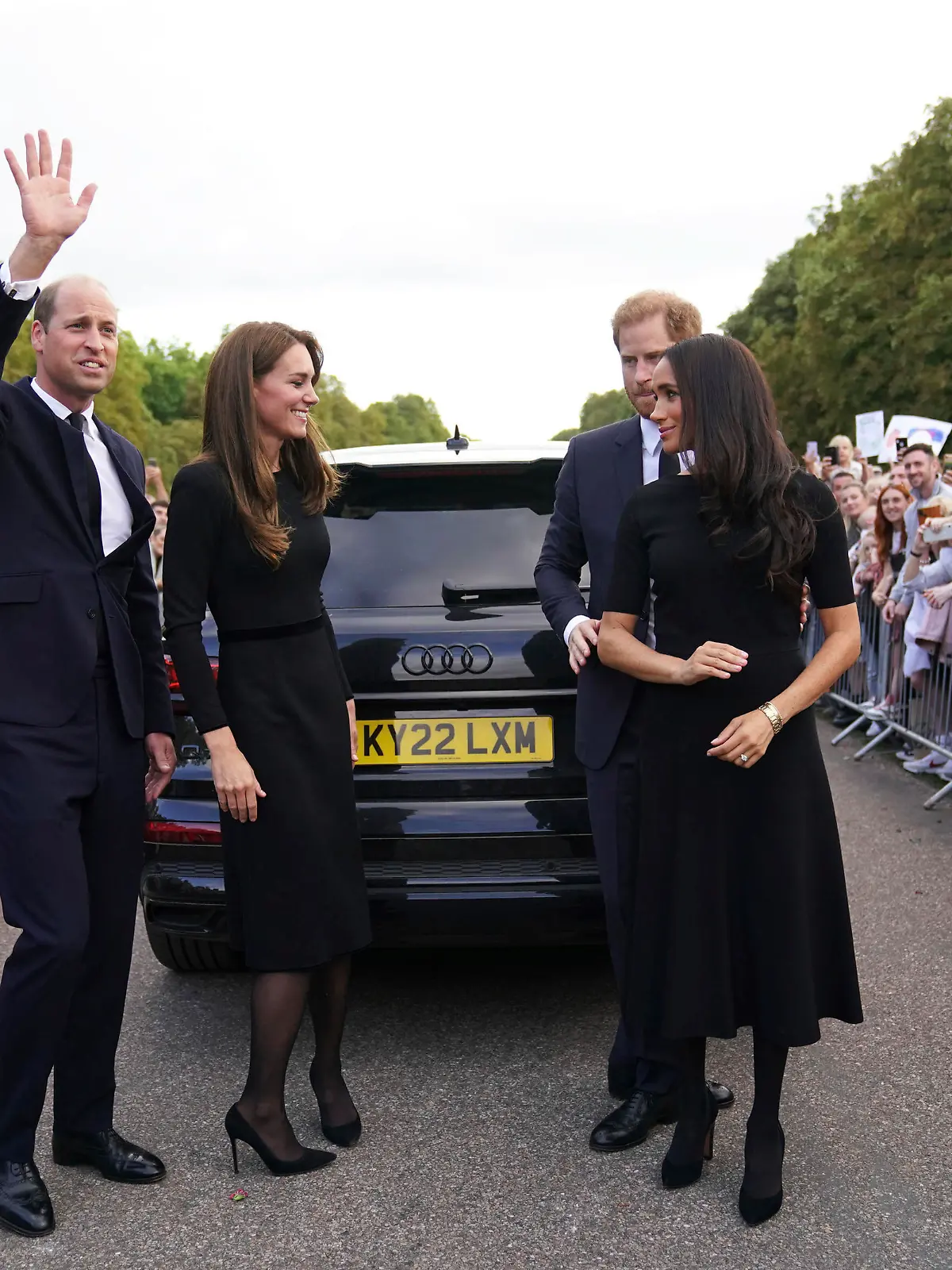 From left, Britain's Prince William, Prince of Wales, Kate, Princess of Wales, Prince Harry and Meghan, Duchess of Sussex meet members of the public at Windsor Castle, following the death of Queen Elizabeth II on Thursday, in Windsor, England, Saturday, Sept. 10, 2022. (Kirsty O'Connor/Pool Photo via AP)