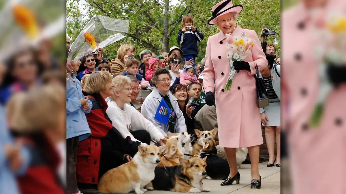 Königin Elizabeth II. wird im Jahr 2005 von Corgi-Fans und deren Hunden in Edmonton begrüßt