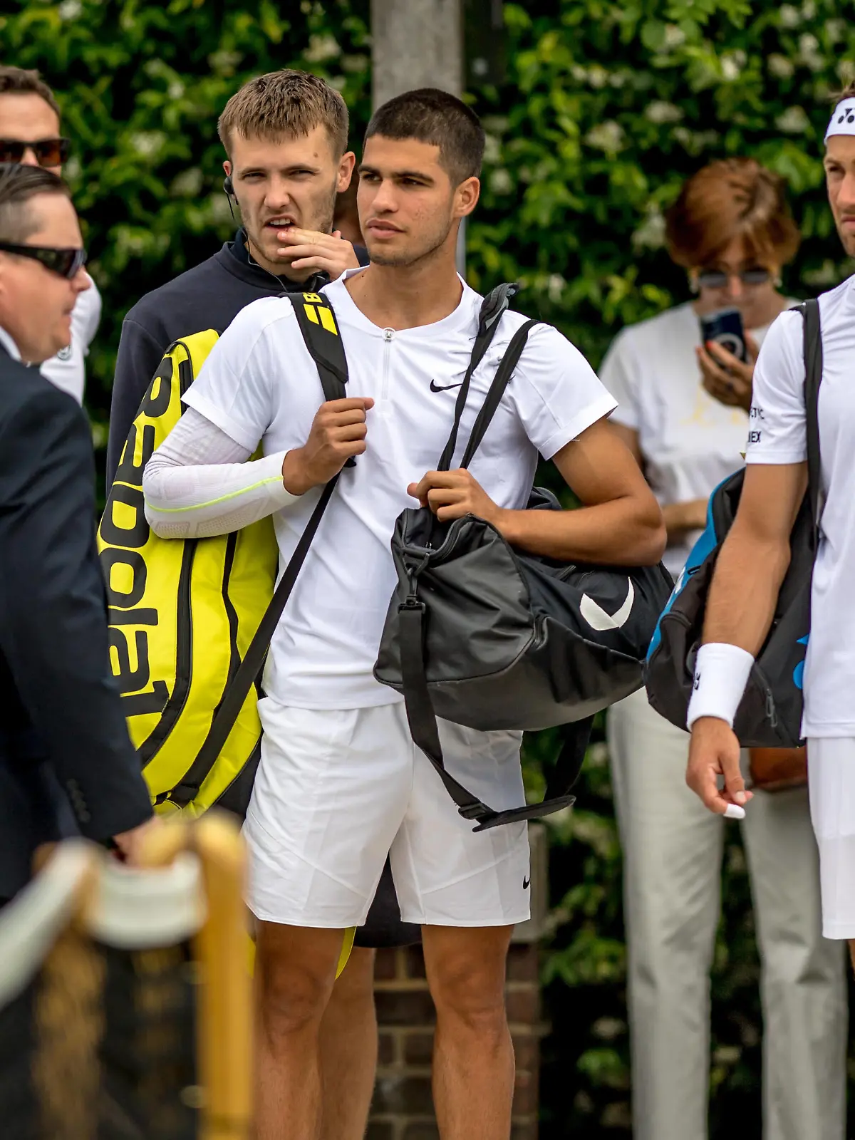 Carlos Alcaraz and Casper Ruud enter the court for their match during the Giorgio Armani Tennis Classic at the Hurlingham Club, London, UK on 25 June 2022. PUBLICATIONxNOTxINxUK Copyright: xPhilxHutchinsonx 32470004 