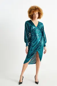 C&A Grünes Paillettenkleid mit V-Ausschnitt