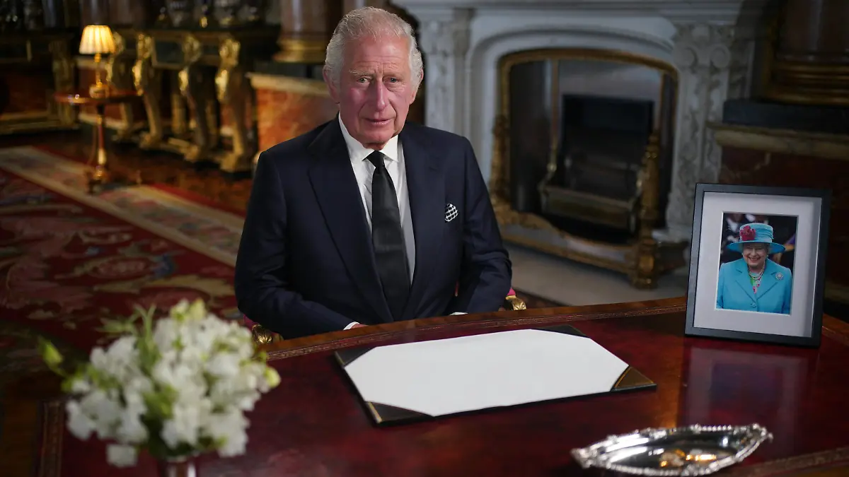 Queen Elizabeth II death. King Charles III delivers his address to the nation and the Commonwealth from Buckingham Palace, London, following the death of Queen Elizabeth II on Thursday. Picture date: Friday September 9, 2022. See PA story DEATH Queen. Photo credit should read: Yui Mok/PA Wire URN:68725061