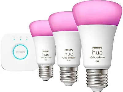 Philips Hue Starter-Kit mit 3 x White & Col. Amb. E27 (1.100 lm) und Bridge