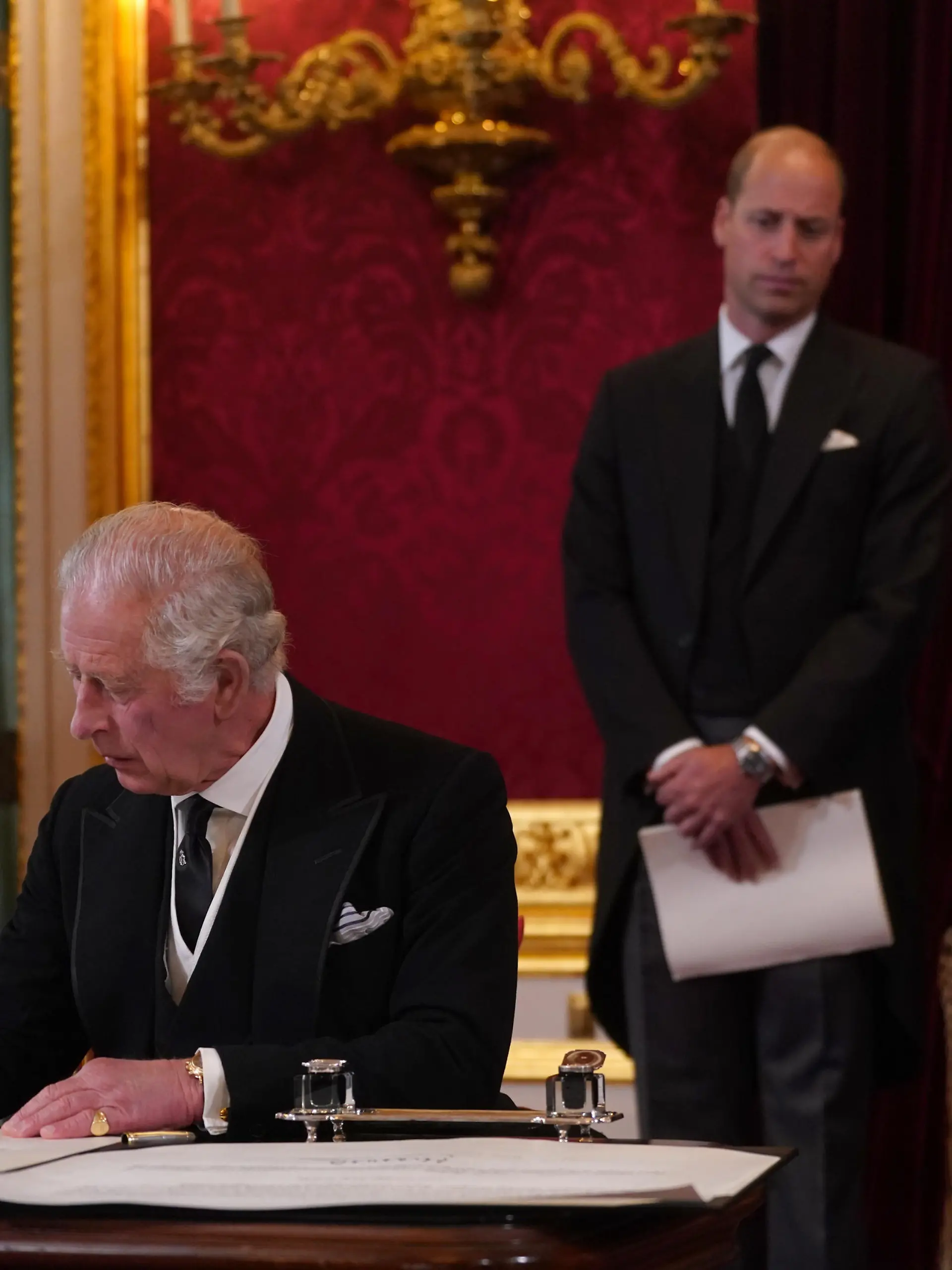 King Charles III sign an oath to uphold the security of the Church in Scotland during the Accession Council at St James's Palace, London, where King Charles III is formally proclaimed monarch. Charles automatically became King on the death of his mother, but the Accession Council, attended by Privy Councillors, confirms his role. Picture date: Saturday September 10, 2022.
