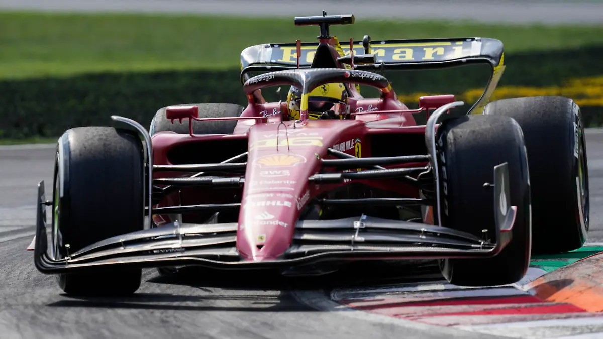 Ferrari driver Charles Leclerc of Monaco steers his car during the first free practice at the Monza racetrack, in Monza, Italy, Friday, Sept. 9, 2022. The Formula one race will be held on Sunday. (AP Photo/Antonio Calanni)