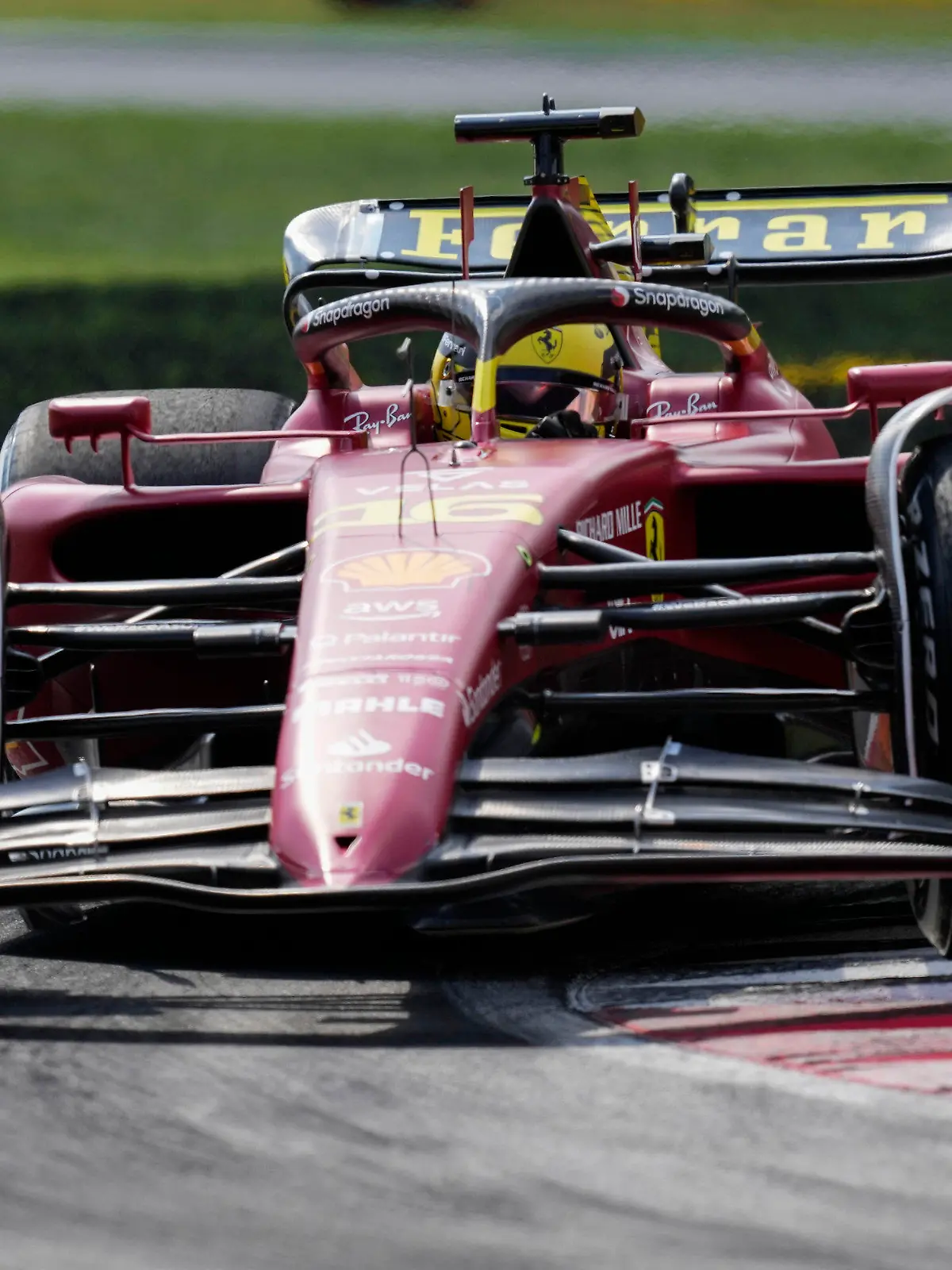 Ferrari driver Charles Leclerc of Monaco steers his car during the first free practice at the Monza racetrack, in Monza, Italy, Friday, Sept. 9, 2022. The Formula one race will be held on Sunday. (AP Photo/Antonio Calanni)