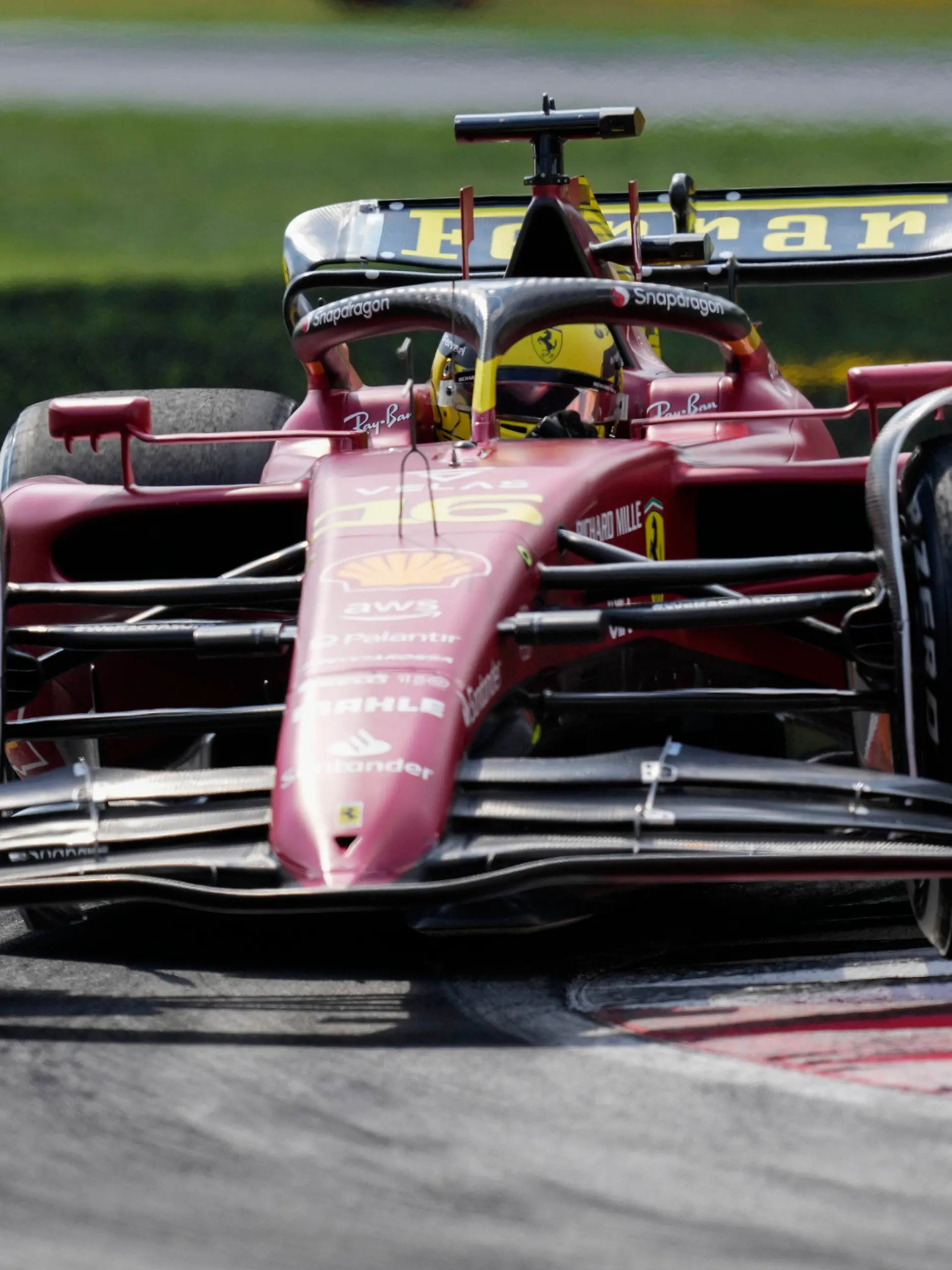 Ferrari driver Charles Leclerc of Monaco steers his car during the first free practice at the Monza racetrack, in Monza, Italy, Friday, Sept. 9, 2022. The Formula one race will be held on Sunday. (AP Photo/Antonio Calanni)
