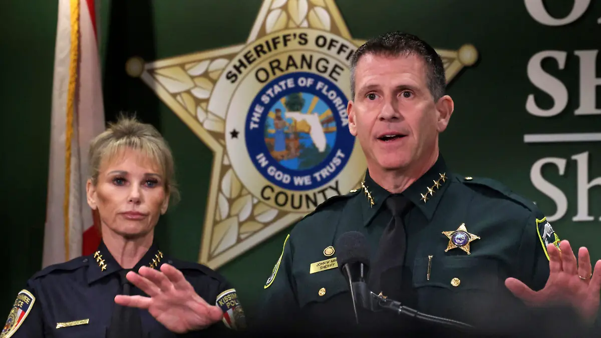 Orange County Sheriff John Mina and Kissimmee Police Chief Betty Holland announce that their investigation has led them to believe that 13-year-old Madeline Soto was killed by primary suspect Stephan Sterns, during a press conference at OCSO headquarters in Orlando, Friday, March 1, 2024. (Joe Burbank/Orlando Sentinel via AP)