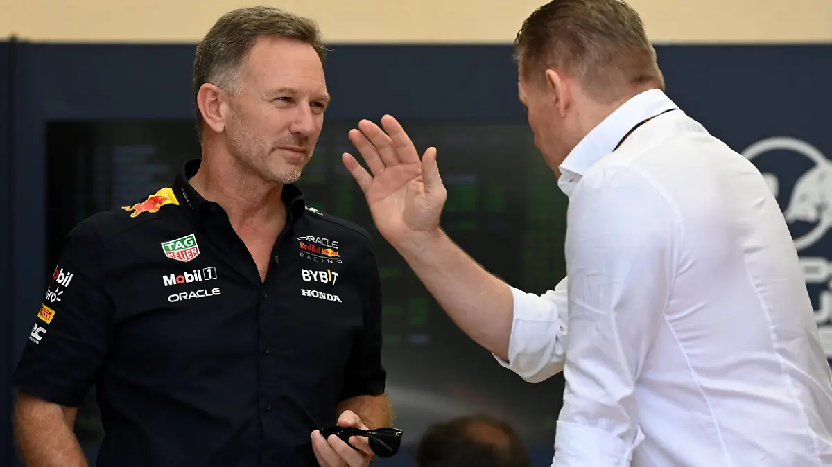 Formula 1 2024: Bahrain GP BAHRAIN INTERNATIONAL CIRCUIT, BAHRAIN - FEBRUARY 29: Christian Horner, Team Principal, Red Bull Racing with Jos Verstappen during the Bahrain GP at Bahrain International Circuit on Thursday February 29, 2024 in Sakhir, Bahrain. Photo by Mark Sutton / Sutton Images Images EDITORIAL USE ONLY GP2401_092053DSC_5795