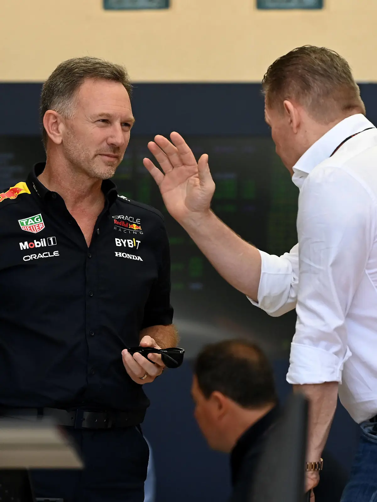 Formula 1 2024: Bahrain GP BAHRAIN INTERNATIONAL CIRCUIT, BAHRAIN - FEBRUARY 29: Christian Horner, Team Principal, Red Bull Racing with Jos Verstappen during the Bahrain GP at Bahrain International Circuit on Thursday February 29, 2024 in Sakhir, Bahrain. Photo by Mark Sutton / Sutton Images Images EDITORIAL USE ONLY GP2401_092053DSC_5795