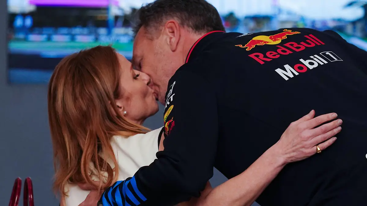 Christian and Geri Horner kiss before the Bahrain Grand Prix at the Bahrain International Circuit, Sakhir. Picture date: Saturday March 2, 2024. / action press