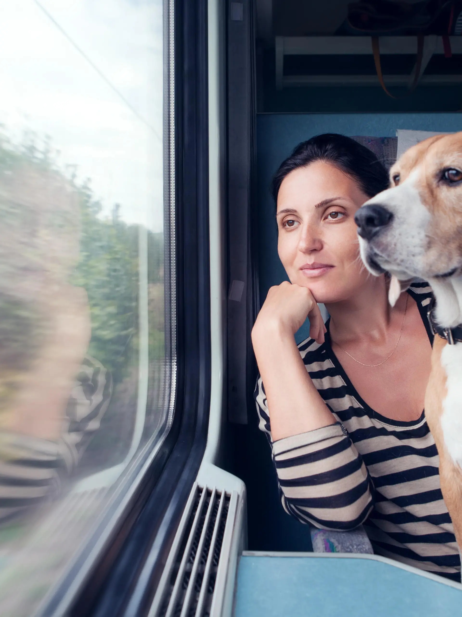 Woman travel with dog into the train wagon