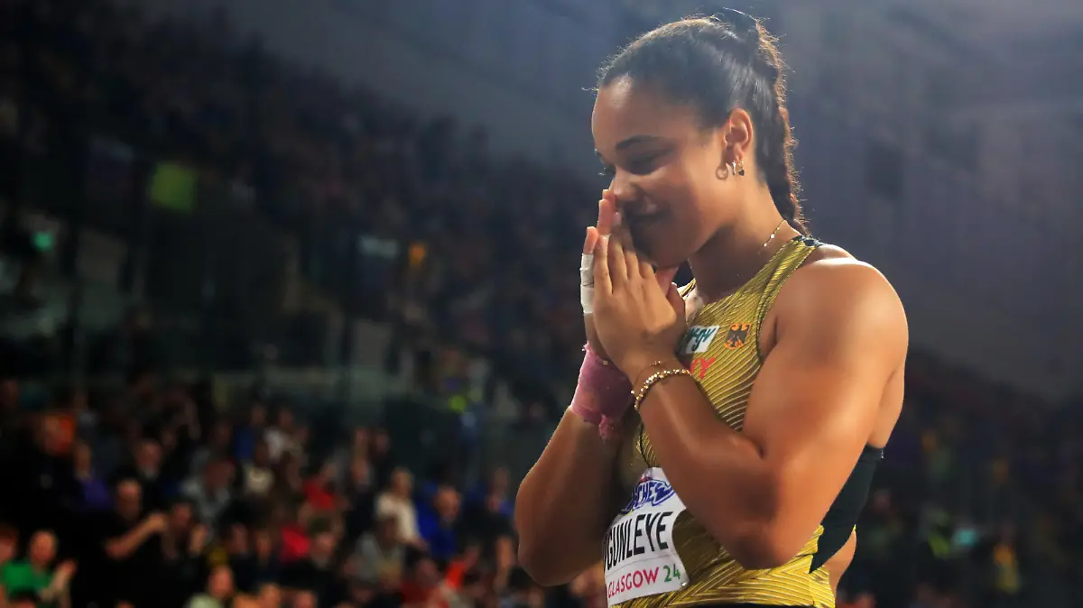 (240302) -- GLASGOW, March 2, 2024 (action press/Xinhua) -- Yemisi Ogunleye of Germany reacts during the women's shot put final of the 2024 World Athletics Indoor Championships in Glasgow, Britain, March 1, 2024. (action press/Xinhua/Li Ying) / action press