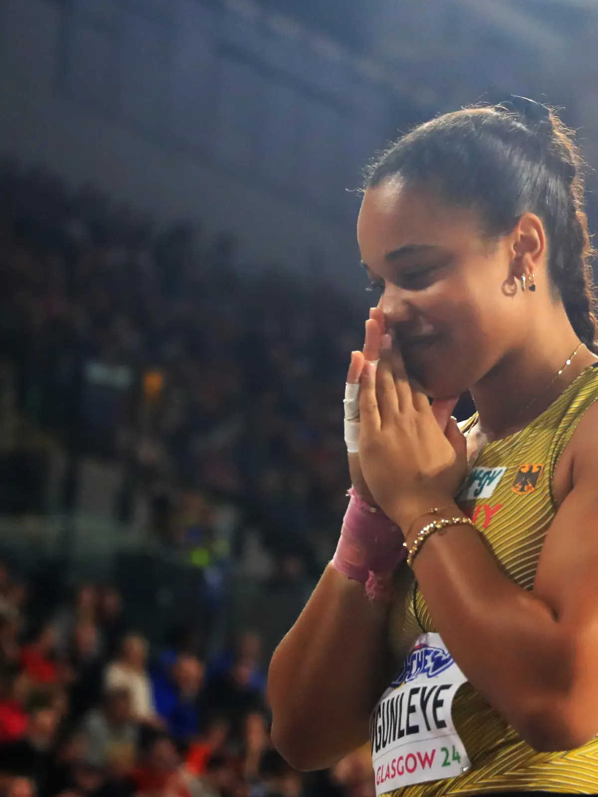 (240302) -- GLASGOW, March 2, 2024 (action press/Xinhua) -- Yemisi Ogunleye of Germany reacts during the women's shot put final of the 2024 World Athletics Indoor Championships in Glasgow, Britain, March 1, 2024. (action press/Xinhua/Li Ying) / action press
